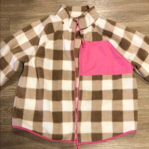 J. Crew Brown Checkered Fleece Jacket with Pink Accent XL